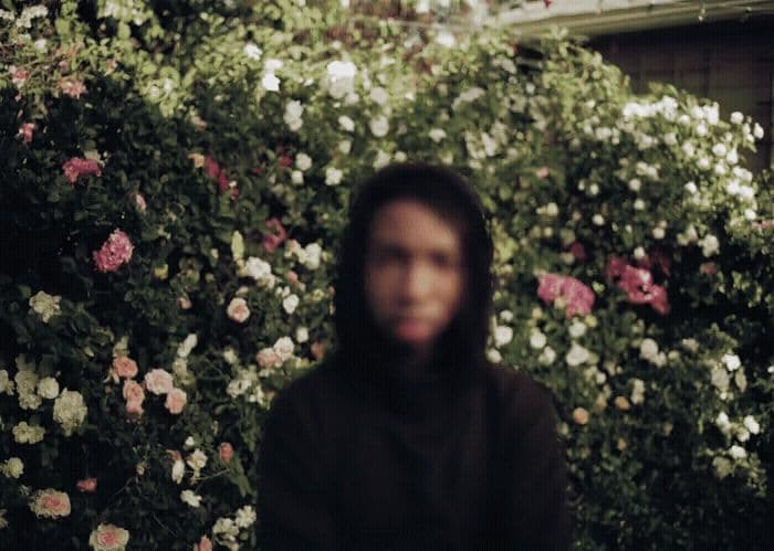 a person standing in front of a bush of flowers