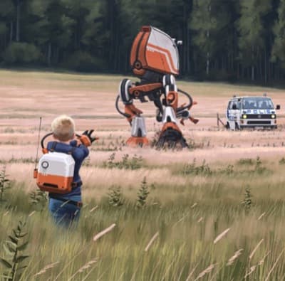 a man standing in a field next to a robot