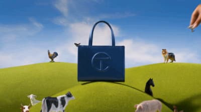 a painting of a hand holding a blue bag over a group of farm animals