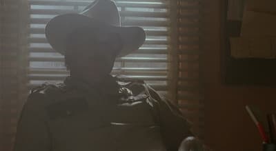 a man wearing a cowboy hat standing in front of a window