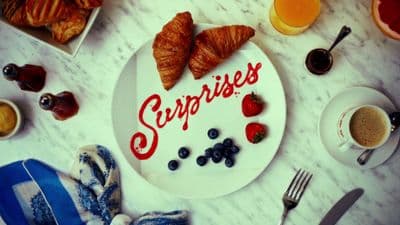 a white plate topped with croissants and fruit