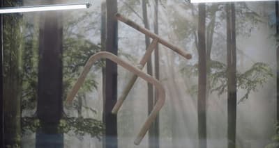 a picture of a wooden object in the middle of a forest