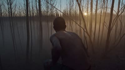 a man standing in a forest with the sun shining through the trees