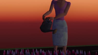 a woman in a purple dress holding a black bag
