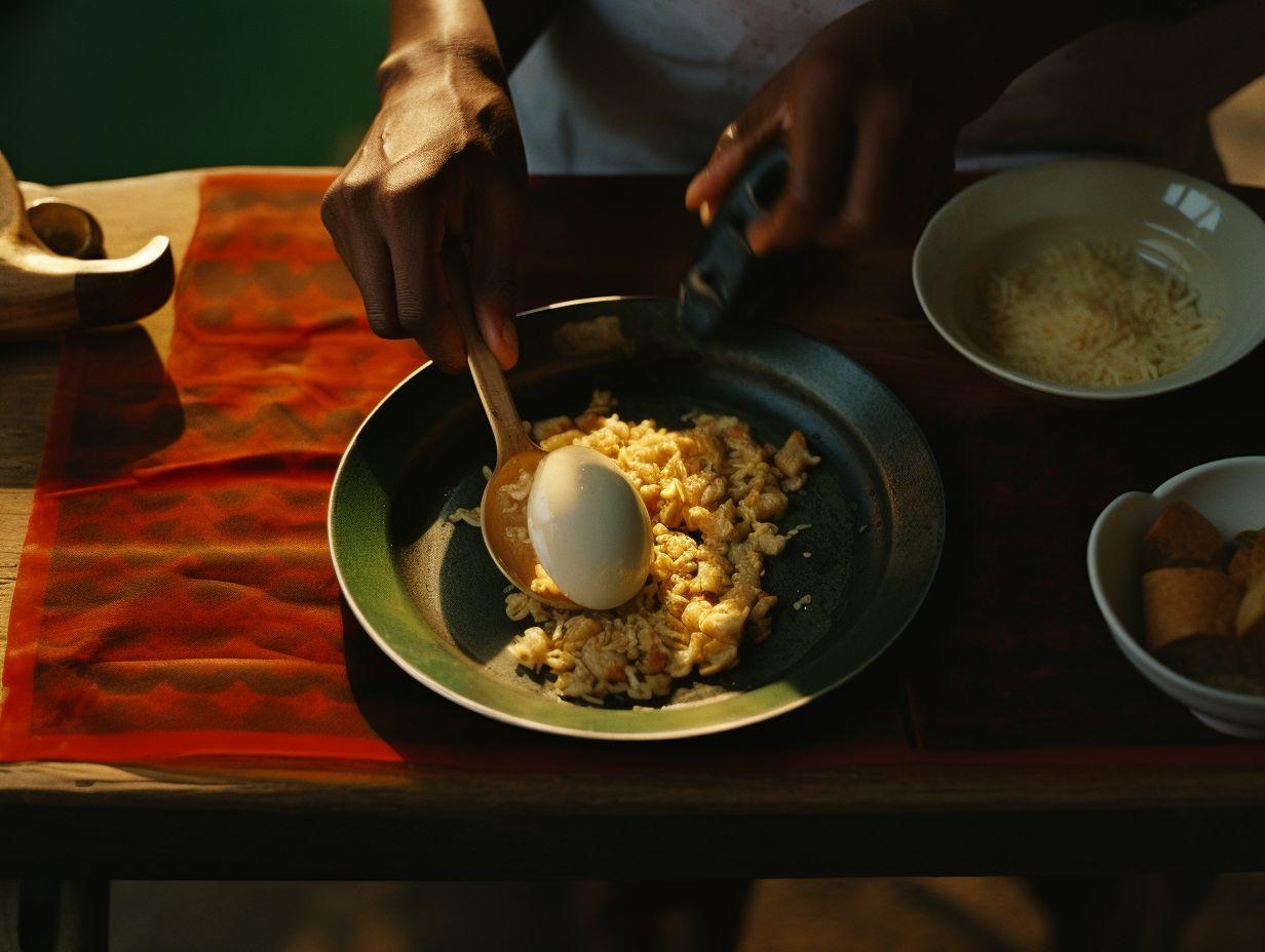 a person is cooking eggs in a pan