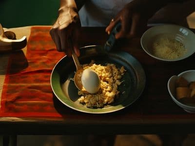a person is cooking eggs in a pan