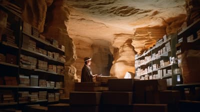 a man standing in a room filled with shelves filled with boxes