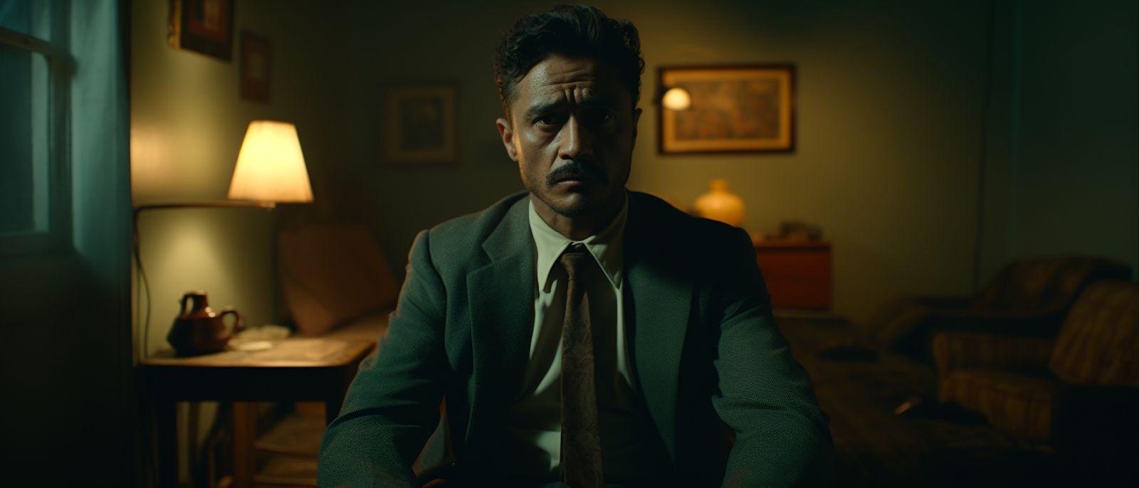 a man in a suit and tie sitting in a living room