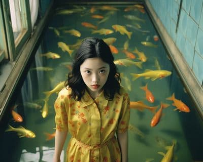 a young girl standing in front of a fish pond