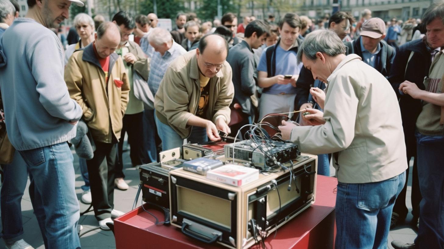 a group of people standing around a machine