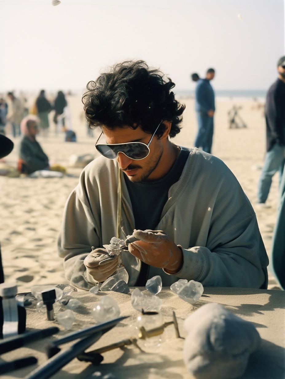 a man sitting at a table on the beach