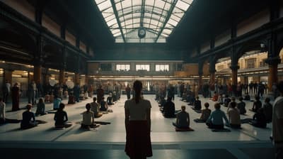 a large group of people sitting in a building