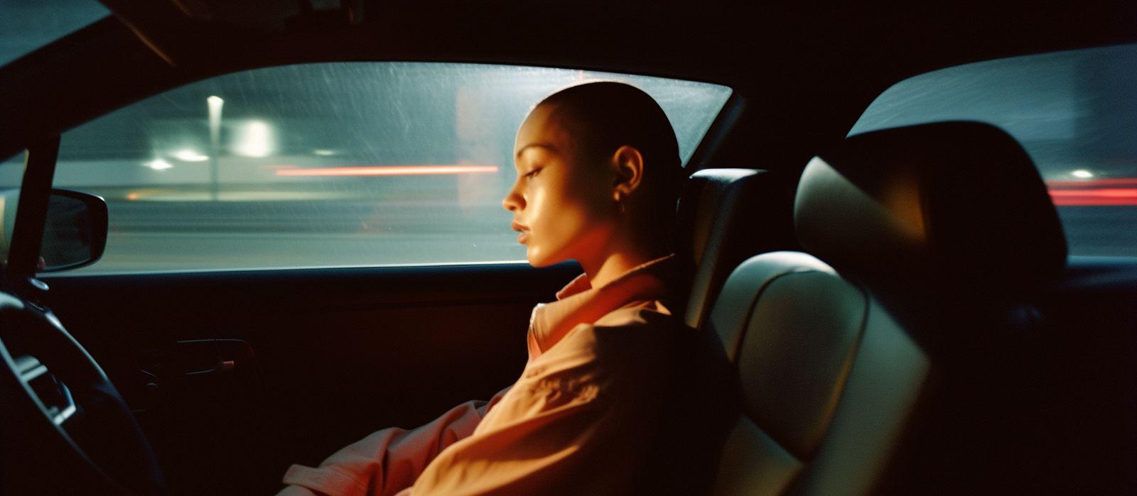 a man sitting in a car in the rain