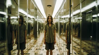 a man standing in front of a mirror in a hallway