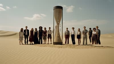 a group of people standing next to a sand clock