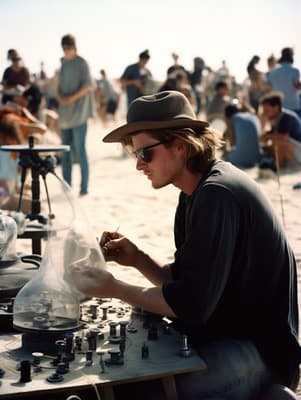 a man sitting at a table working on something
