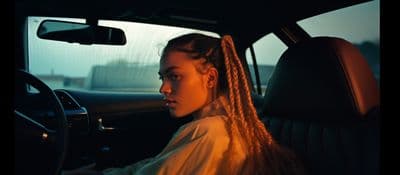 a woman driving a car with a braid in her hair