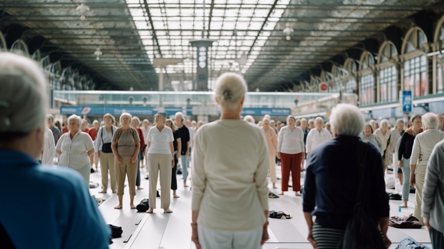 a group of people standing in a train station