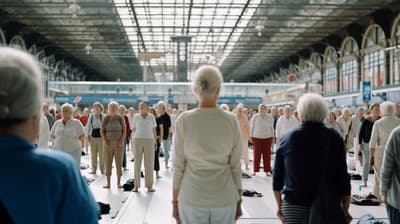 a group of people standing in a train station
