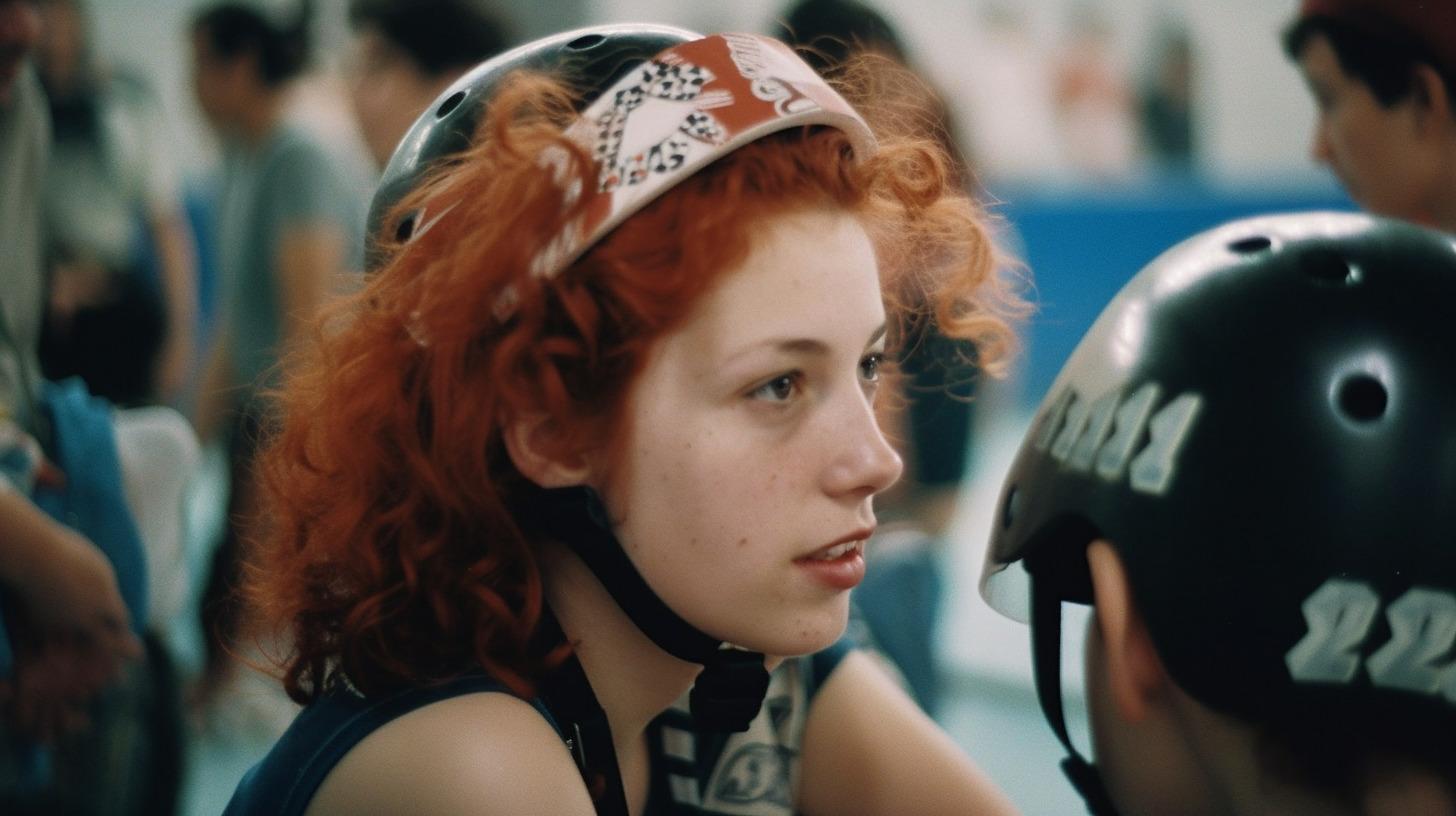a woman with red hair wearing a helmet