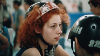 a woman with red hair wearing a helmet
