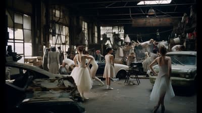 a group of women in dresses standing in a garage