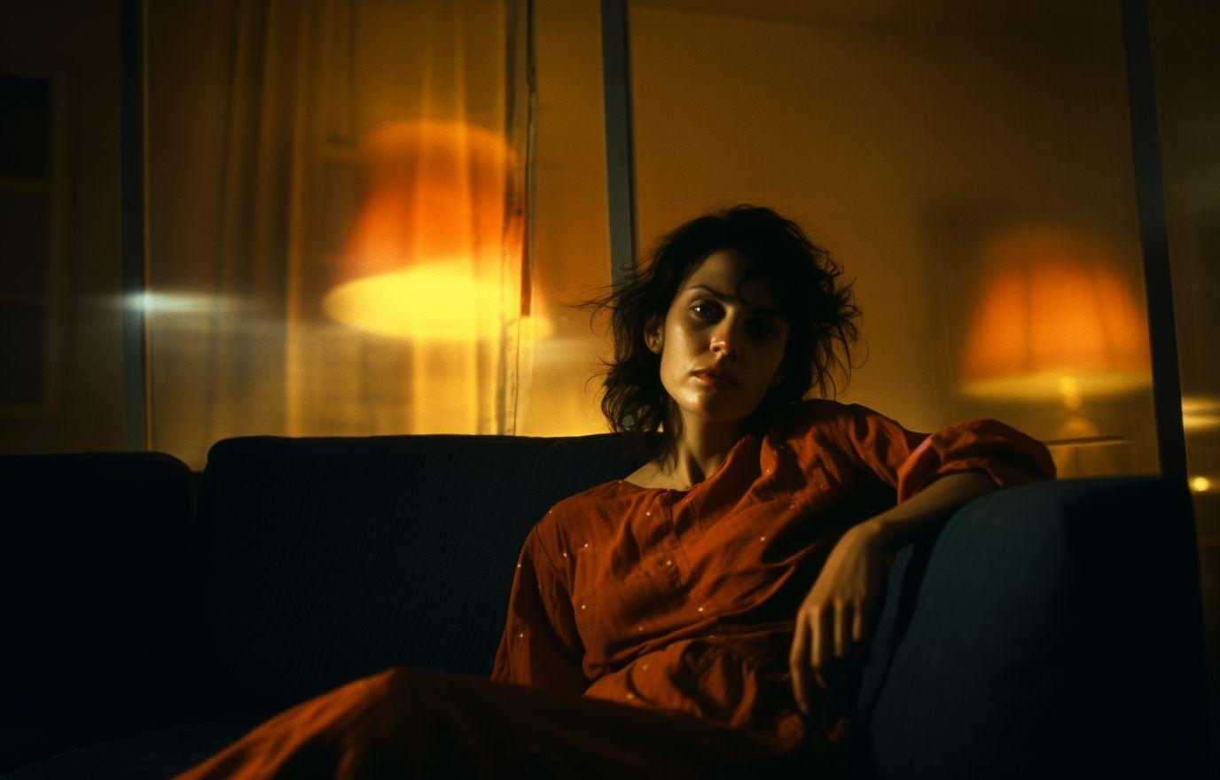 a woman sitting on a couch in a dimly lit room