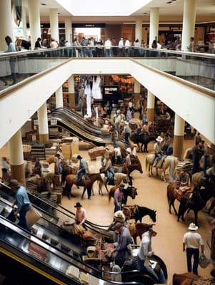 a group of people riding on top of escalators