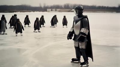a bunch of penguins are skating on the ice