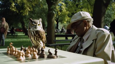 a man sitting at a table with an owl on top of a chess board