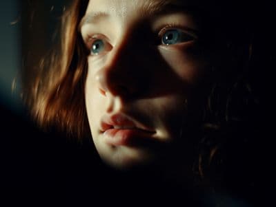 a close up of a child's face with blue eyes