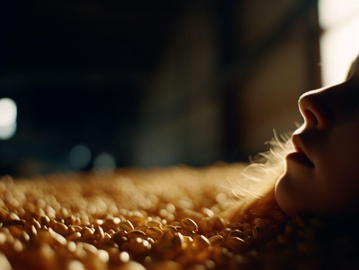 a close up of a person laying on a bed of grain
