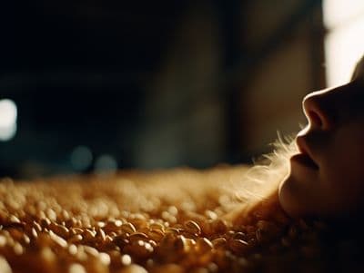a close up of a person laying on a bed of grain