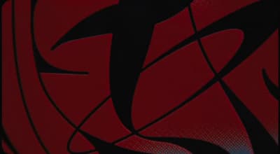 a red and black painting of a bird on a red background