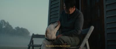 a person sitting on a chair with a dog