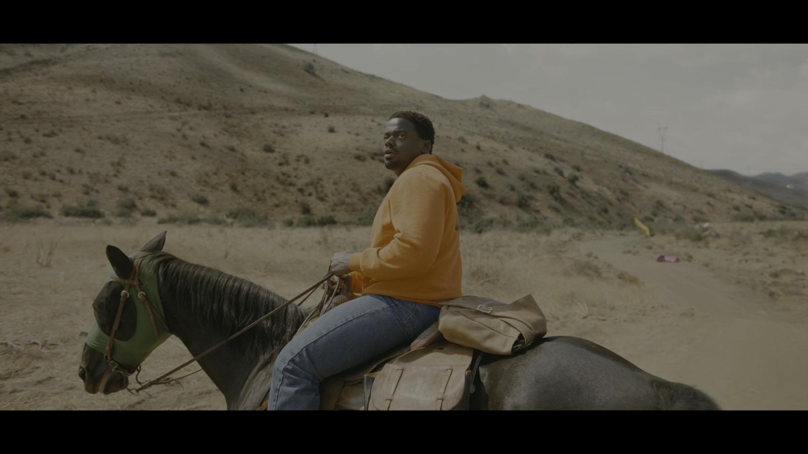 a man riding on the back of a brown horse