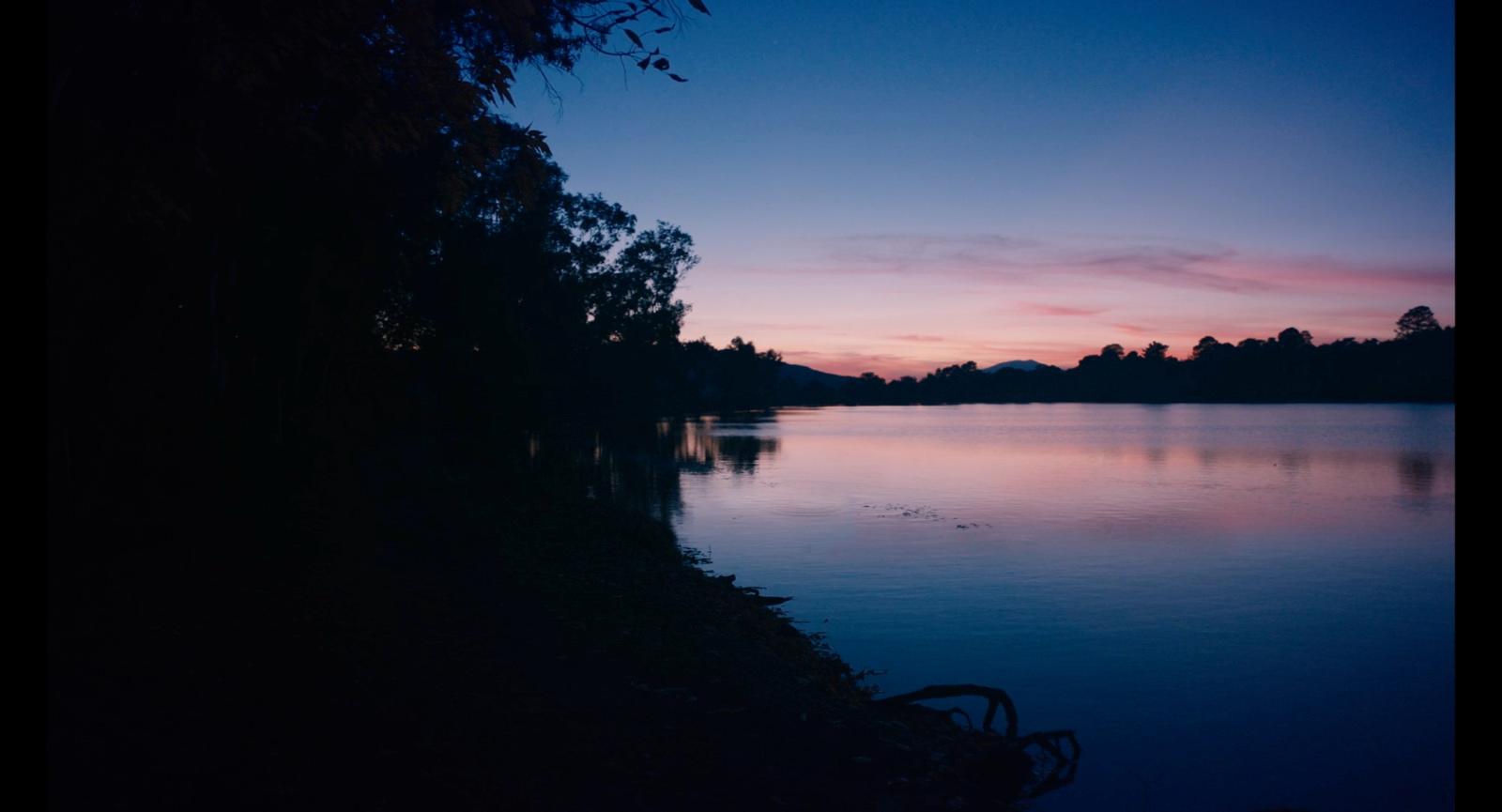 a body of water with trees in the background