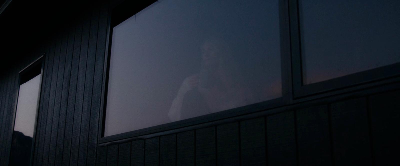 a woman standing outside of a window at night