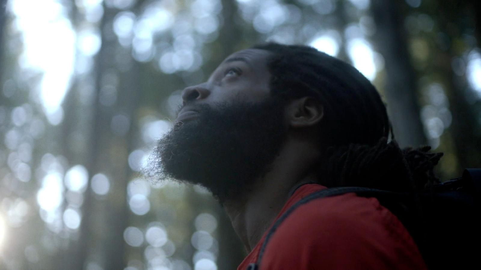 a man with a beard standing in the woods