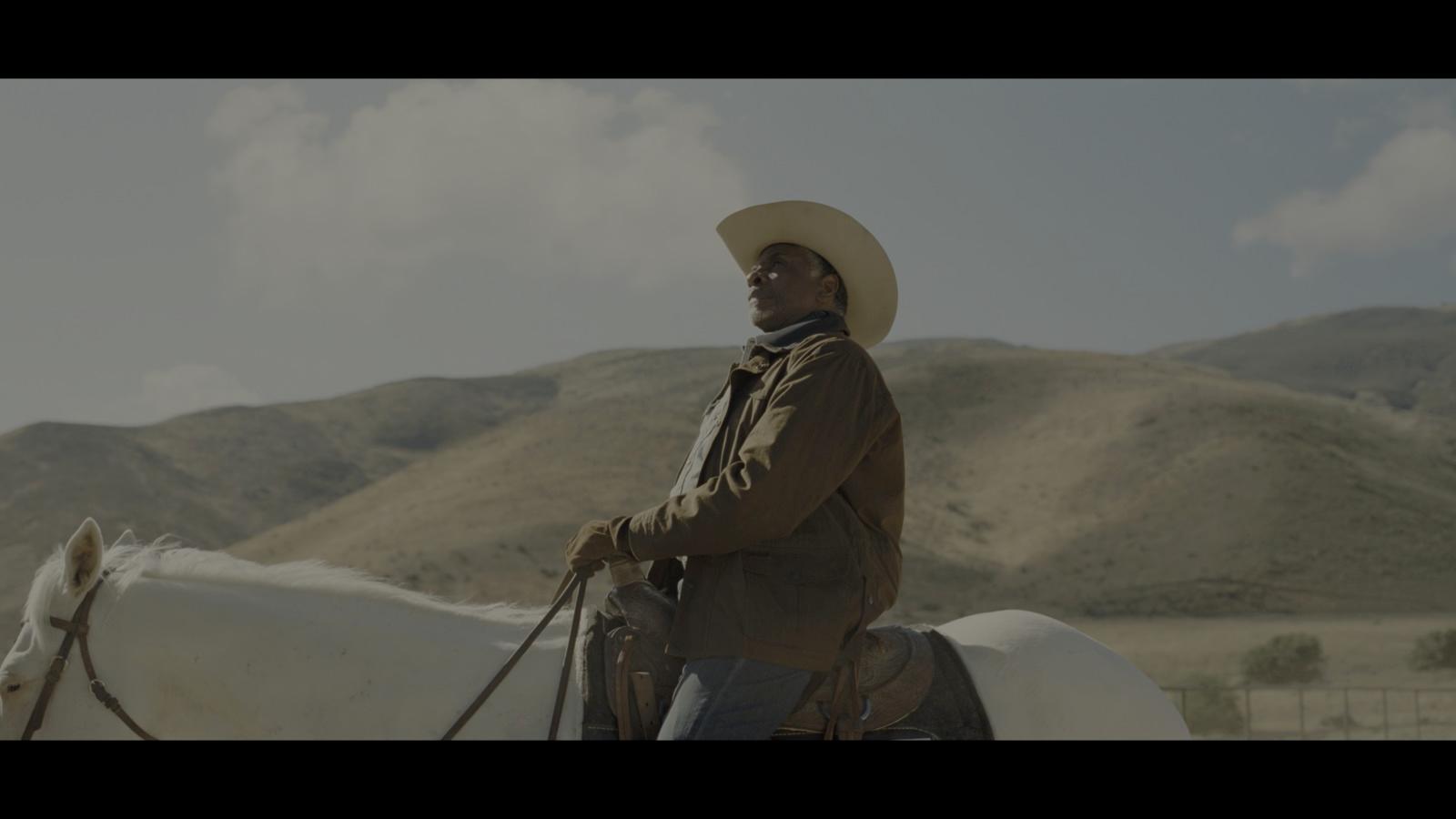 a man in a cowboy hat riding a white horse