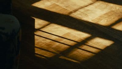 the shadow of a table and a vase on the floor