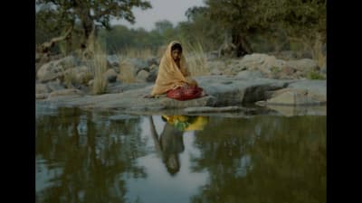 a woman sitting on a rock next to a body of water
