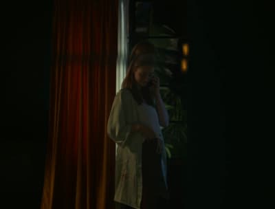a woman standing in front of a window talking on a cell phone