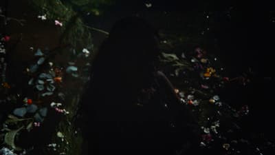 a woman standing in a field of flowers at night