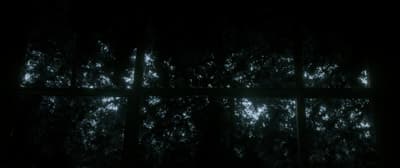 a window in a dark room with trees outside