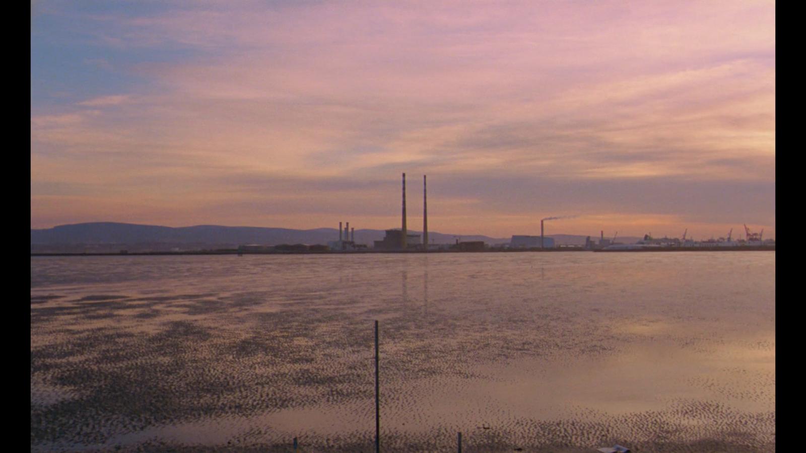 a large body of water with a factory in the background