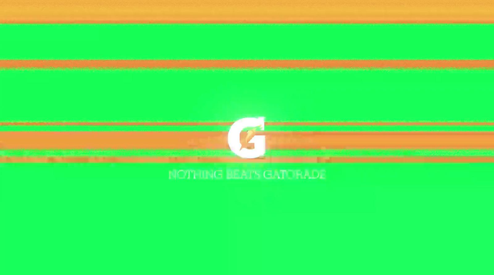 a green and orange striped background with the letter g