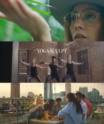 a collage of photos of a woman doing yoga