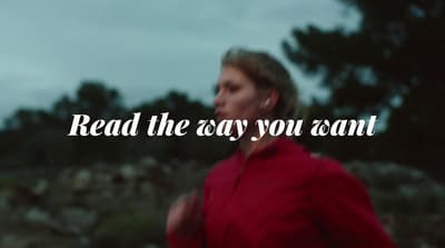 a woman in a red jacket with the words read the easy you want