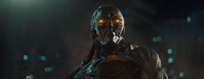 a man in a suit with glowing yellow eyes